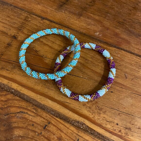 Nepal Glass Beaded Crochet Bangle Bracelets Sashka Co. Boho Hippy Colorful Set 2 - Picture 5 of 5